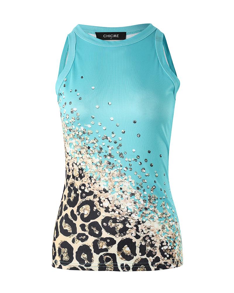 Contrast Leopard Print Sleeveless Casual Tank Top