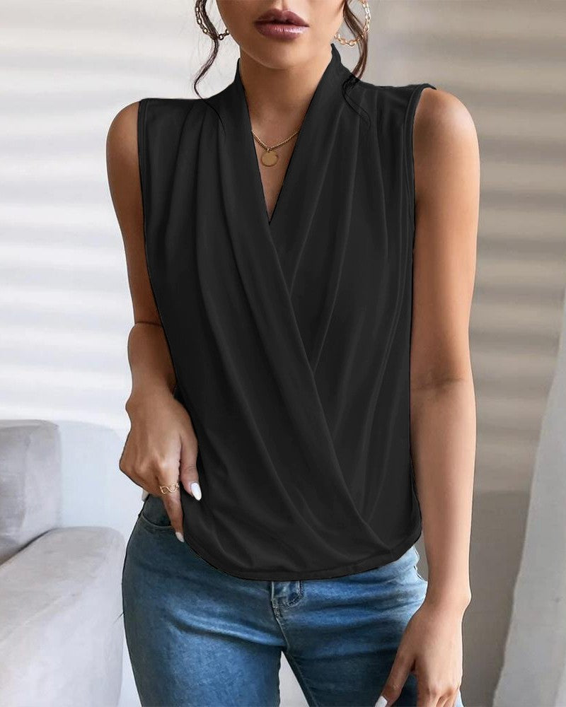 Ruched V Neck Sleeveless Wrap Top