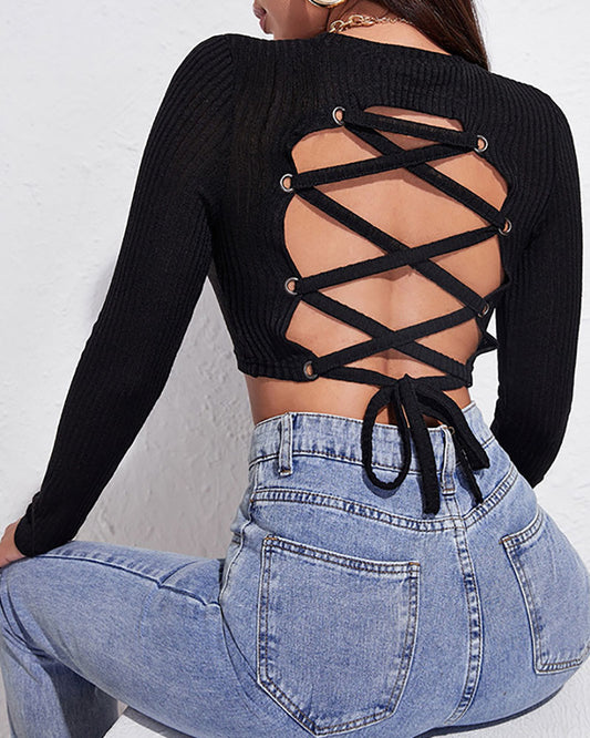 Eyelet Lace Up Long Sleeve O Neck Crop Top