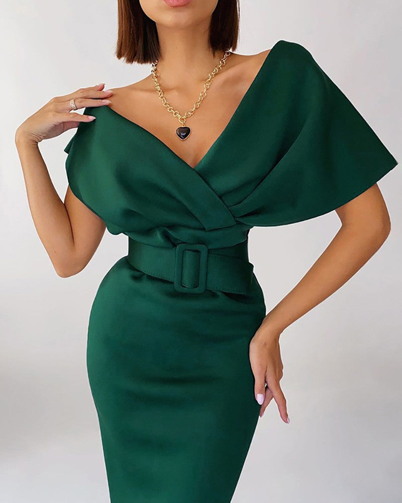 Off Shoulder Flutter Sleeve Work Dress With Belt