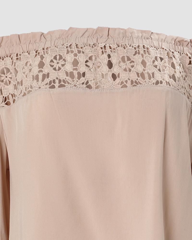 Off Shoulder Frill Hem Lace Patch Lantern Sleeve Top