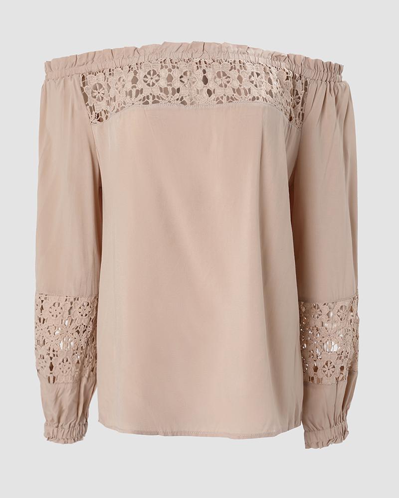 Off Shoulder Frill Hem Lace Patch Lantern Sleeve Top