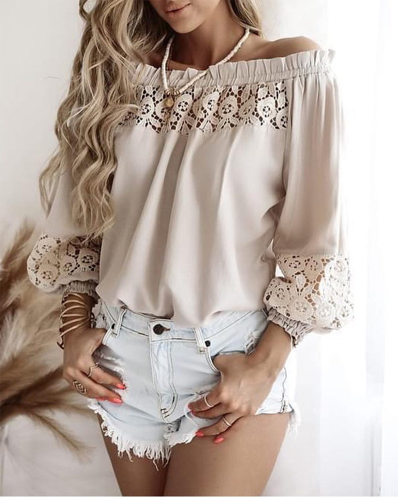 Off Shoulder Frill Hem Lace Patch Lantern Sleeve Top