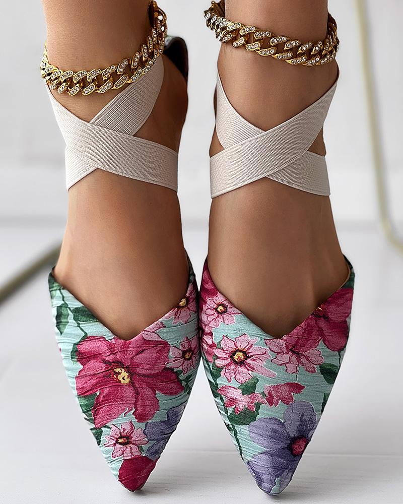 Floral Print Point Toe Crisscross Mules