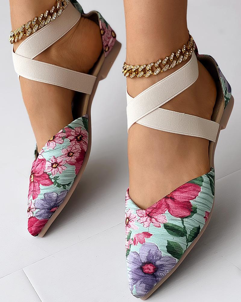 Floral Print Point Toe Crisscross Mules