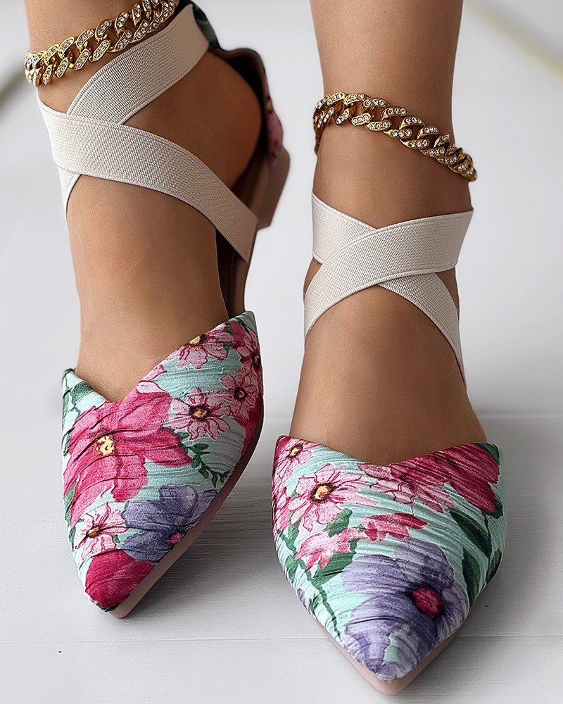 Floral Print Point Toe Crisscross Mules