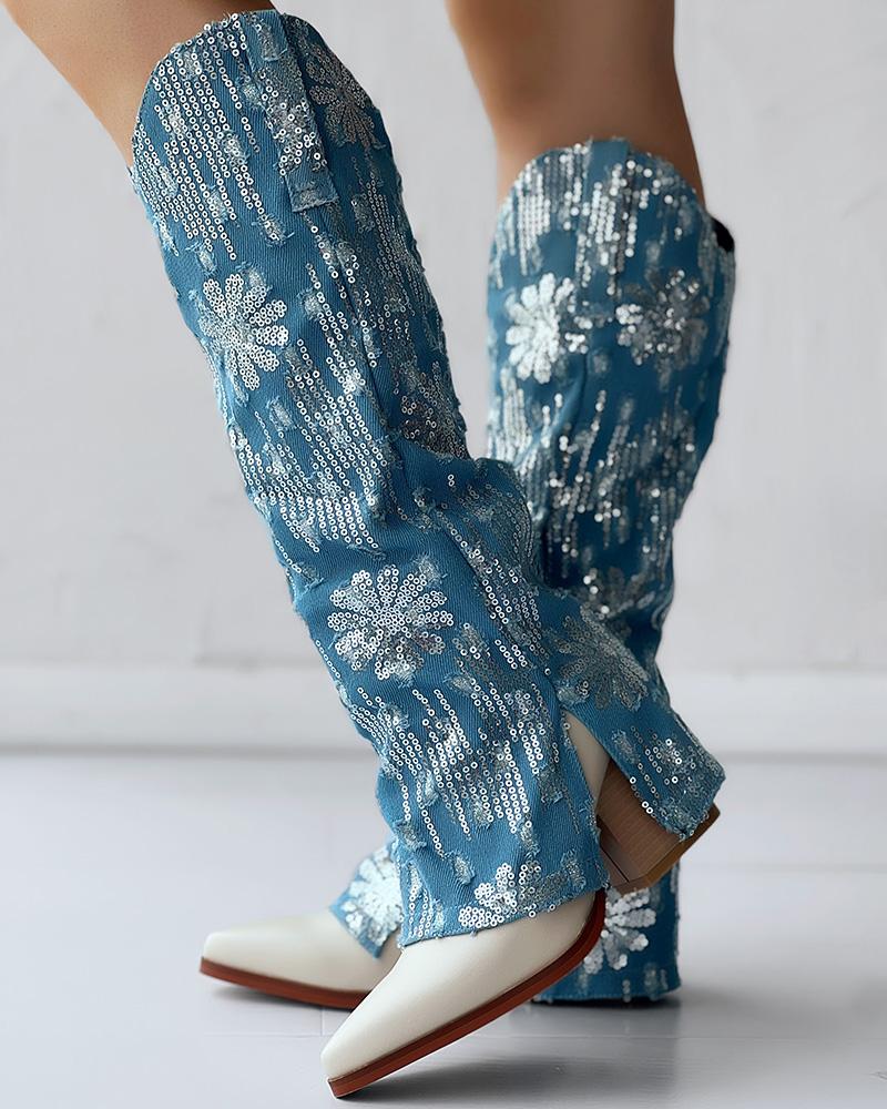 Sequin Floral Pattern Slit Chunky Heel Denim Boots