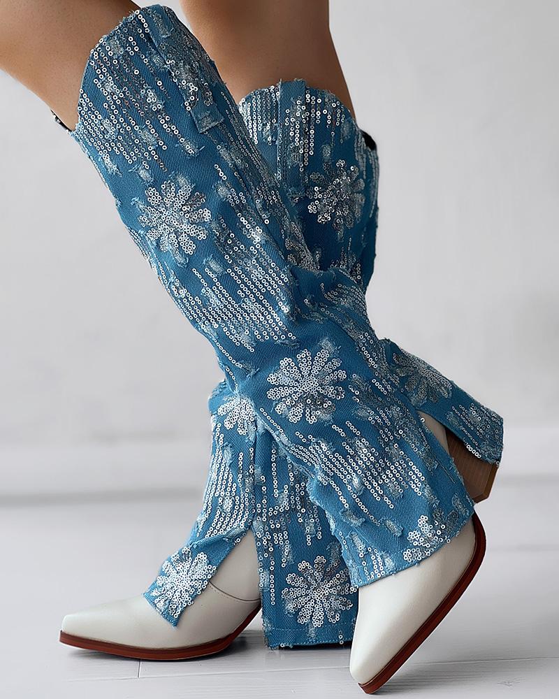 Sequin Floral Pattern Slit Chunky Heel Denim Boots