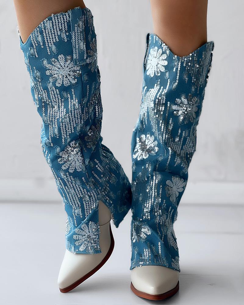 Sequin Floral Pattern Slit Chunky Heel Denim Boots