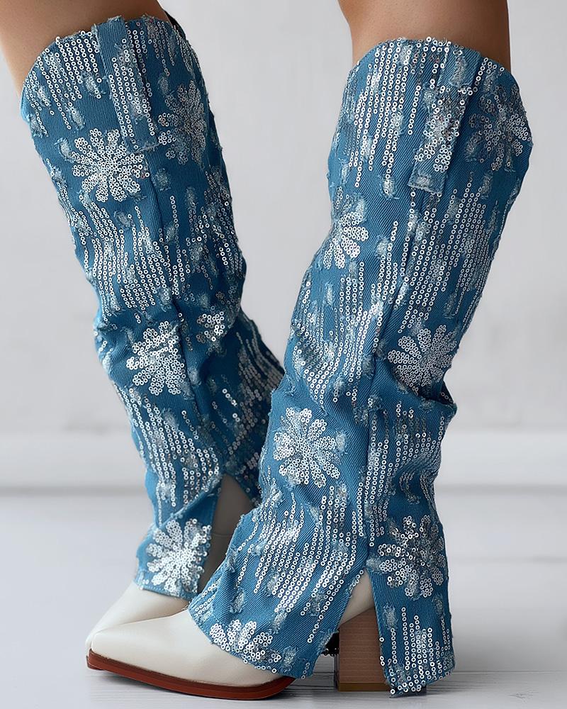 Sequin Floral Pattern Slit Chunky Heel Denim Boots