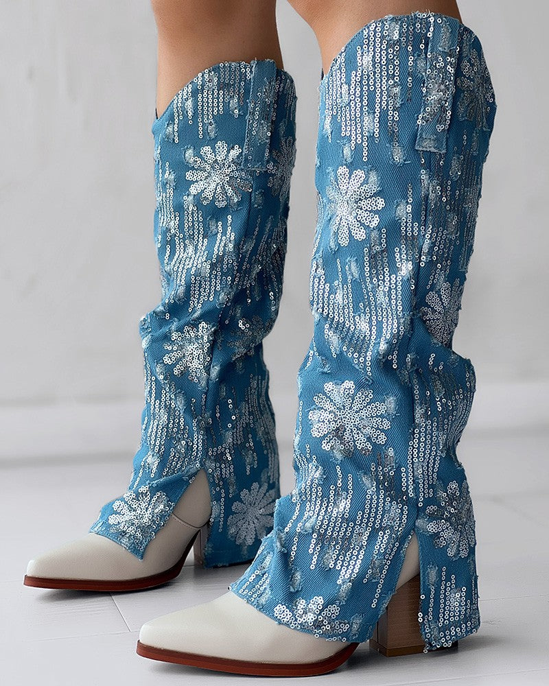 Sequin Floral Pattern Slit Chunky Heel Denim Boots