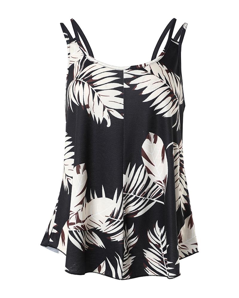 Leaf Print Double Strap U Neck Tank Top