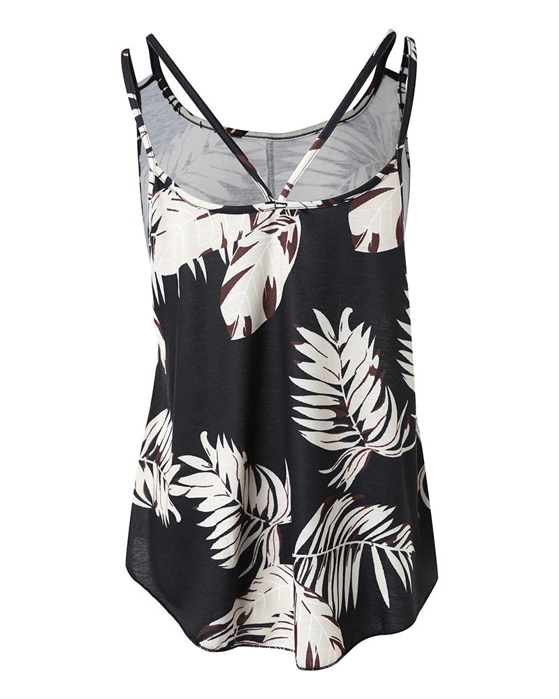 Leaf Print Double Strap U Neck Tank Top