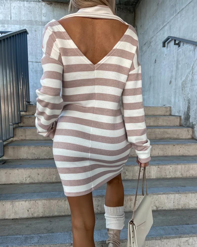 Striped Print Open Back Long Sleeve Dress