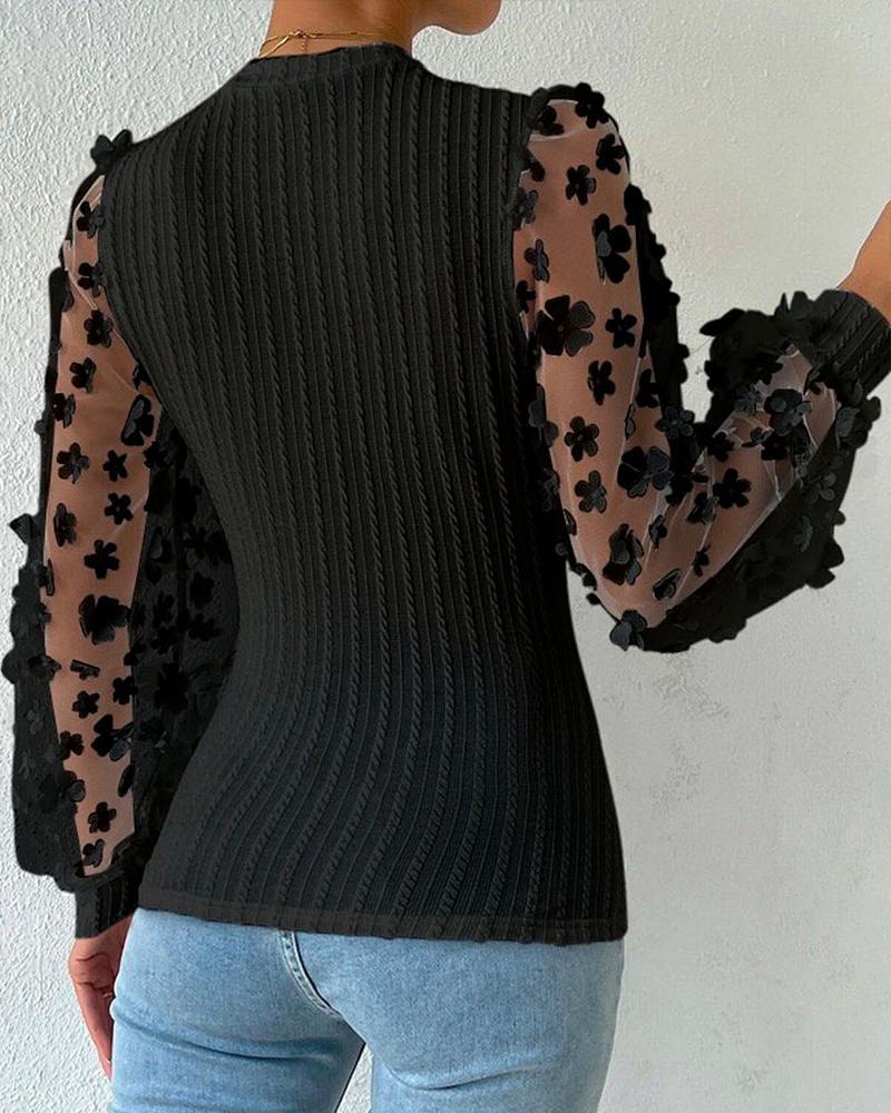 Floral Pattern Sheer Mesh Cable Textured Top