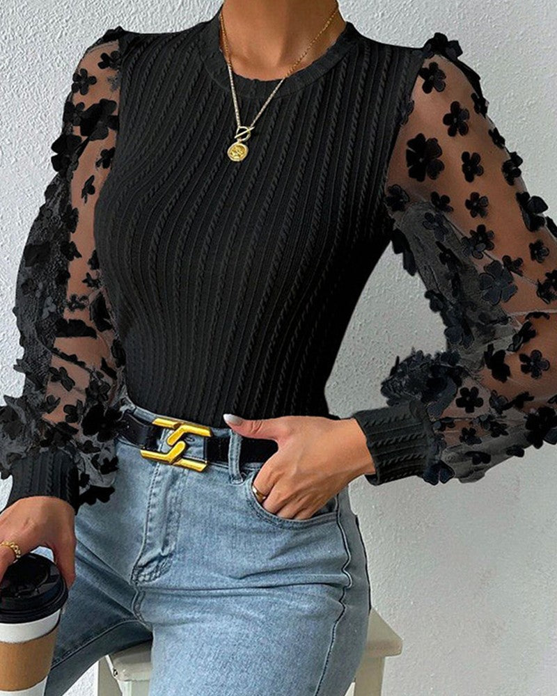 Floral Pattern Sheer Mesh Cable Textured Top