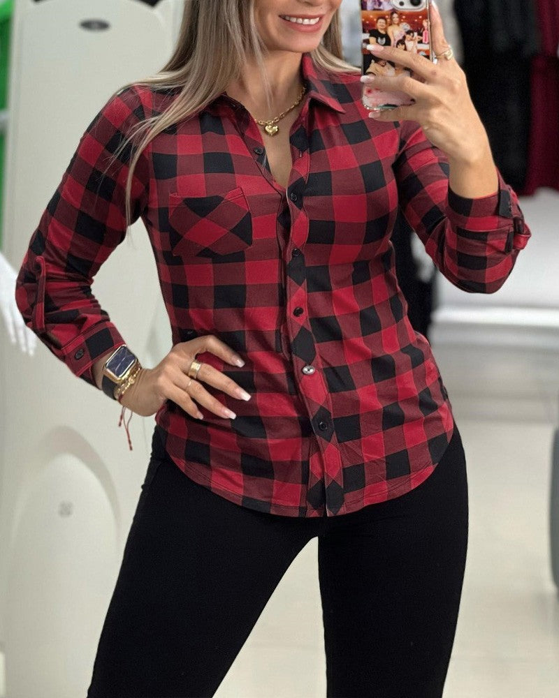 Plus Size Plaid Print Turn down Collar Top