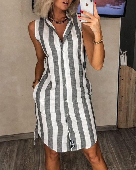 Stripe Print V neck Button Straight Vest Shirt Dress