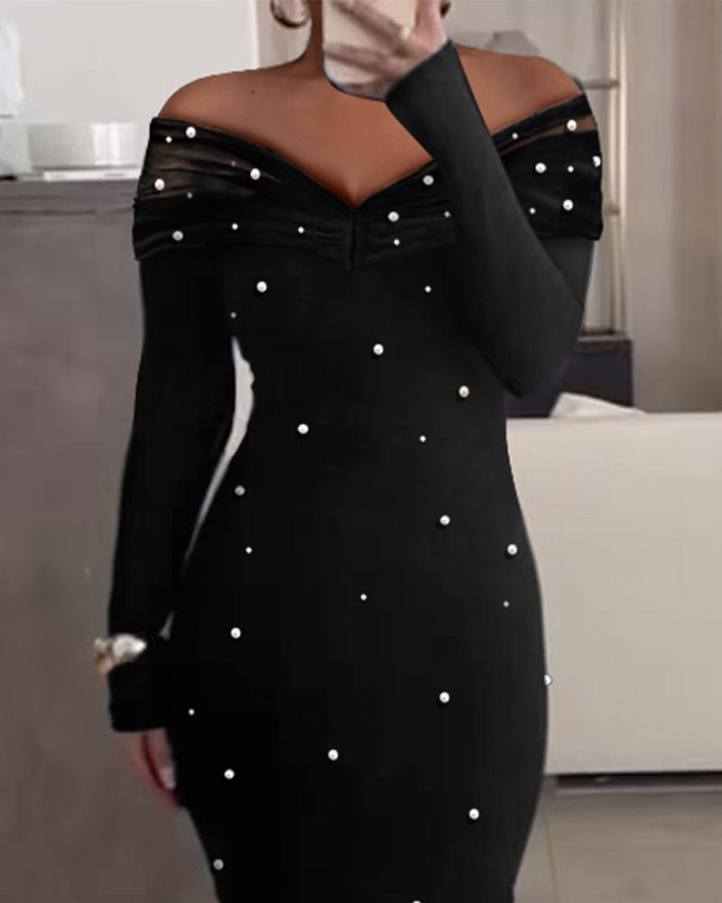 Off Shoulder Long Sleeve Beaded Midi Dress