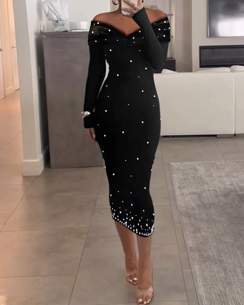 Off Shoulder Long Sleeve Beaded Midi Dress