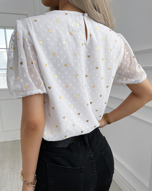 Heart Print Swiss Dot Puff Sleeve Top