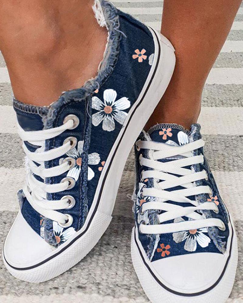 Daisy Print Lace up Fringe Hem Canvas Shoes