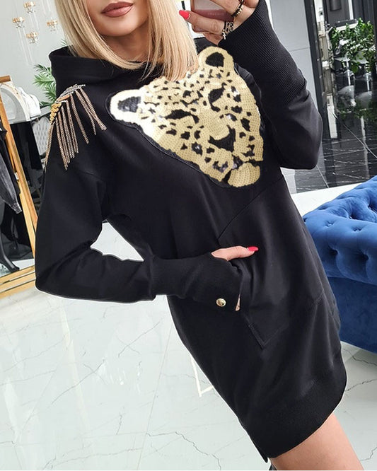 Sequin Animal Pattern Hooded Sweatshirt Dress