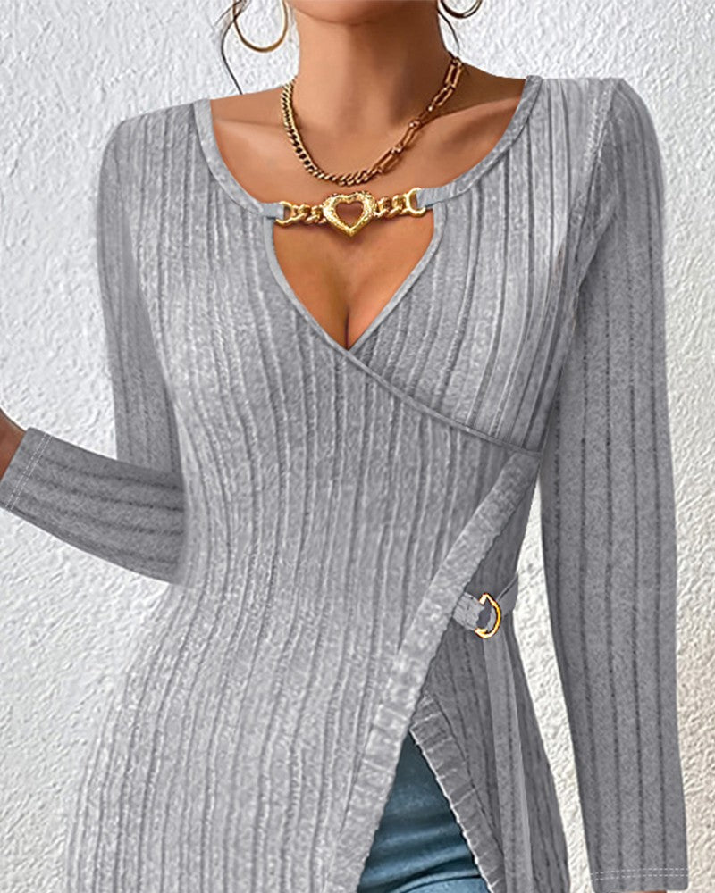 Chain Decor Slit Keyhole Neck Top