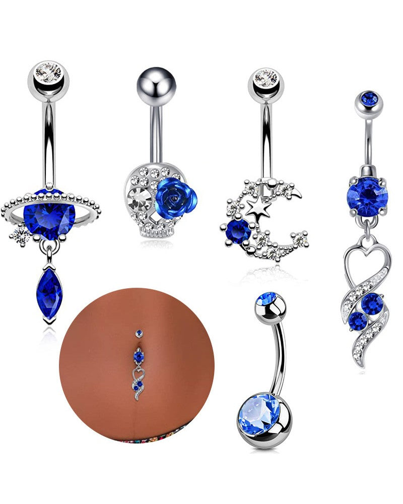 5pcs Halloween Rhinestone Zircon Skull Head Star Moon Tassel Piercing Belly Rings Set