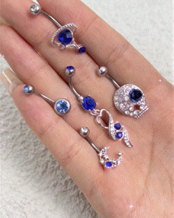 5pcs Halloween Rhinestone Zircon Skull Head Star Moon Tassel Piercing Belly Rings Set