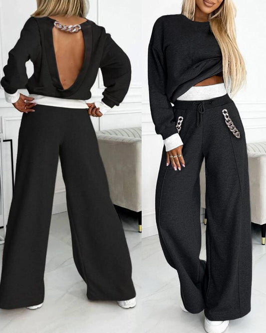 Contrast Paneled Chain Decor Sweatshirt & Wide Leg Sweatpants Set