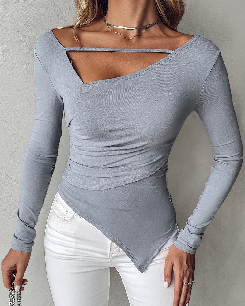 Long Sleeve Ruched Asymmetrical Hem Top