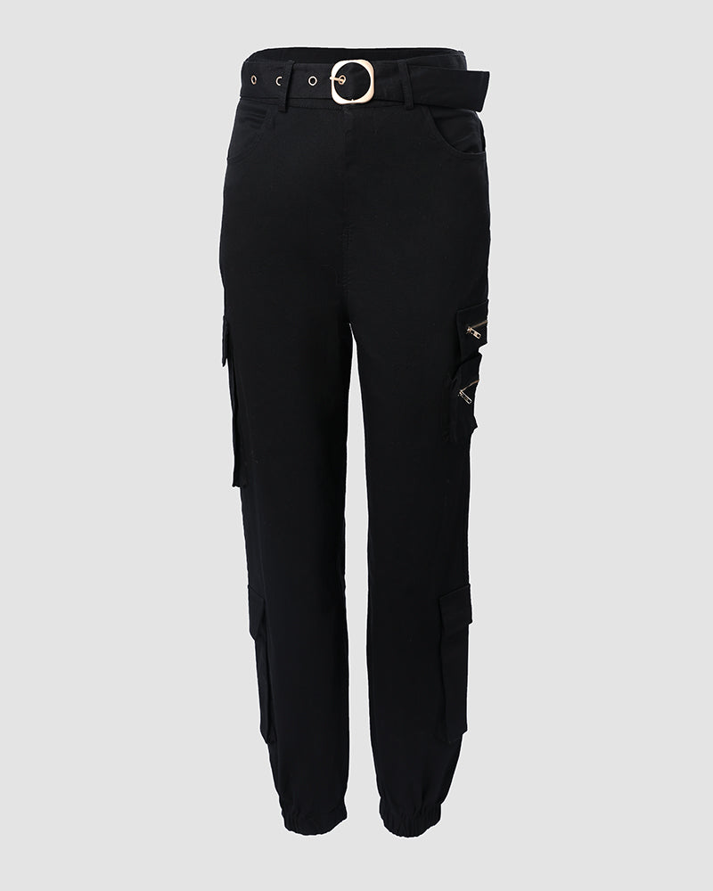 Zip Pocket Design High Waist Cargo Pants