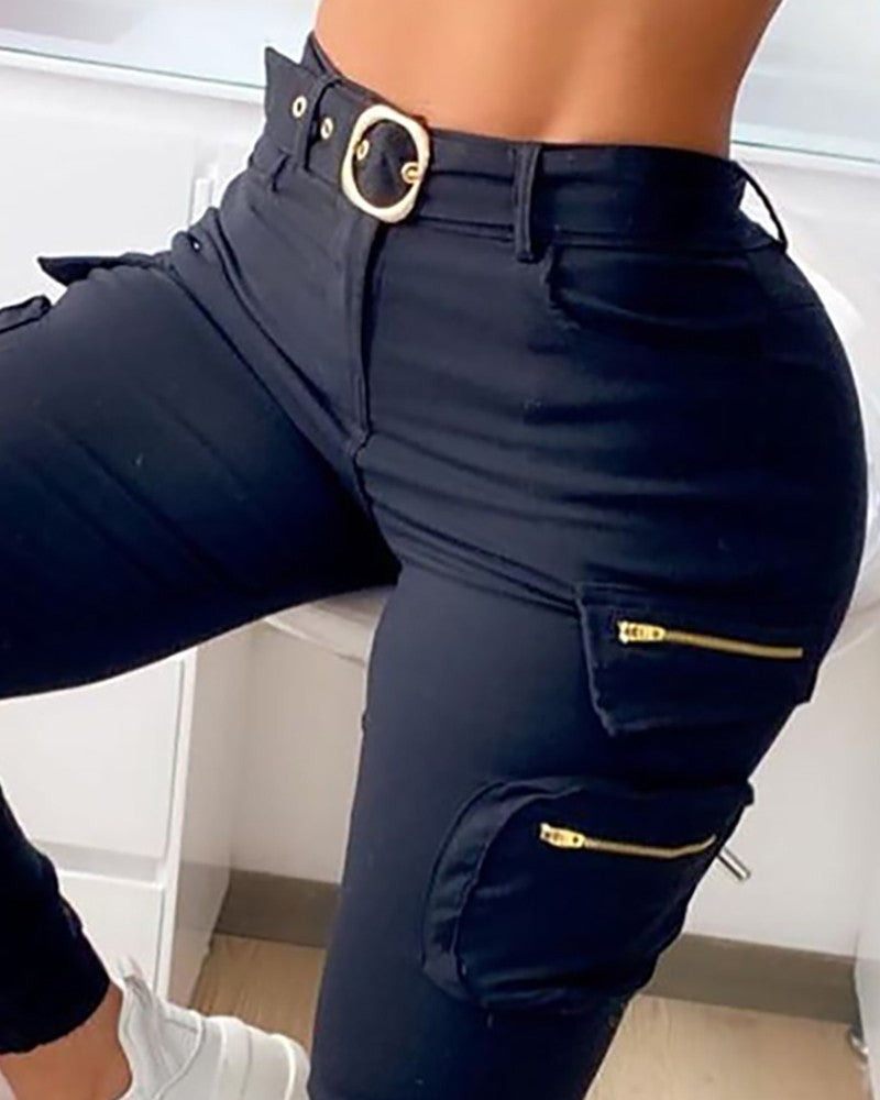 Zip Pocket Design High Waist Cargo Pants