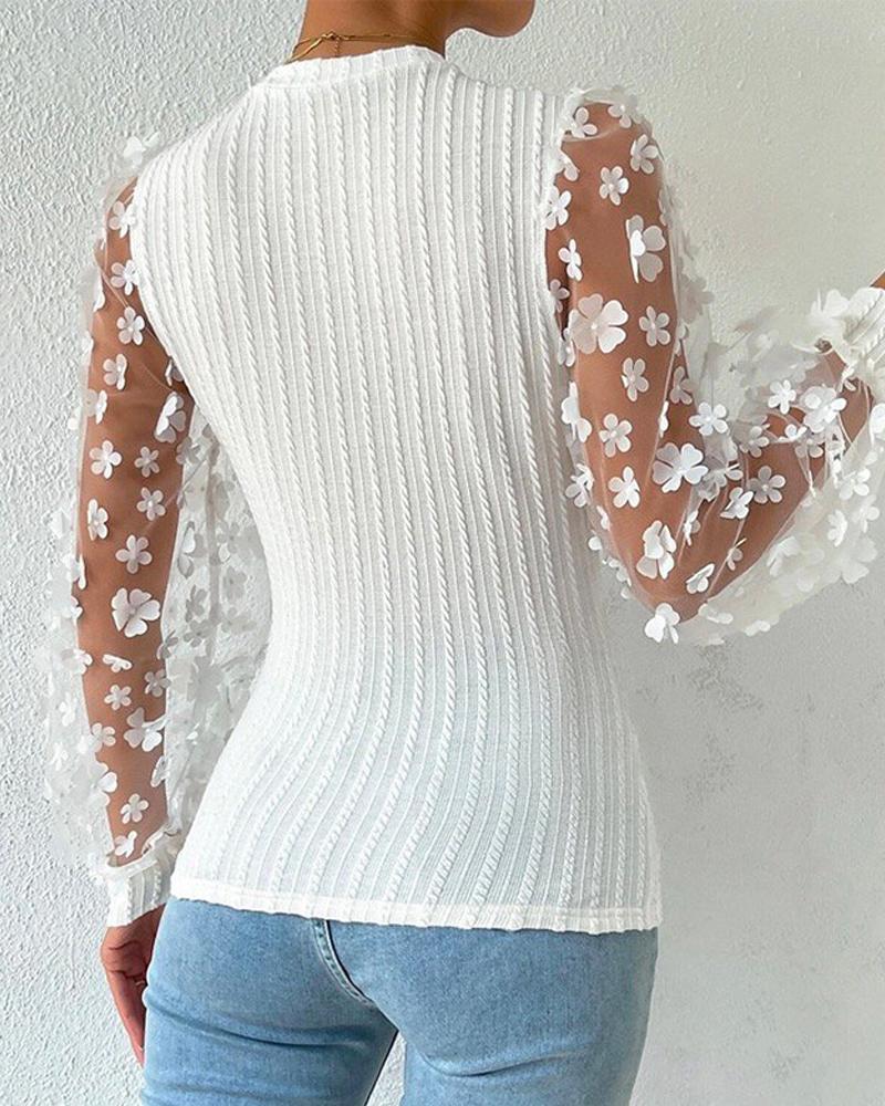 Floral Pattern Sheer Mesh Cable Textured Top