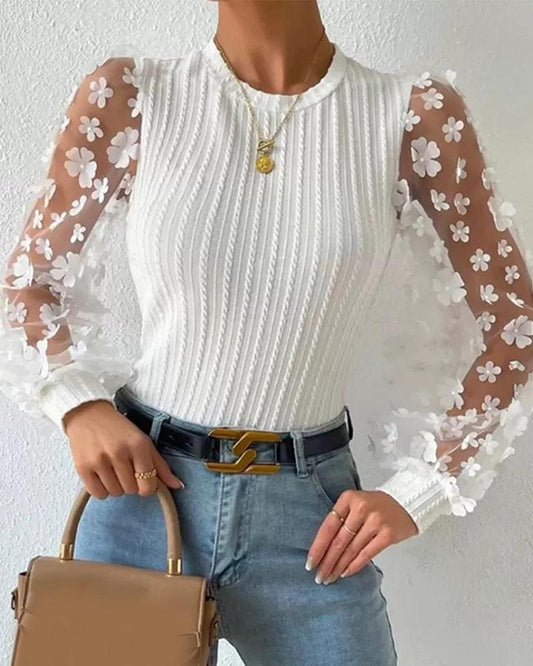 Floral Pattern Sheer Mesh Cable Textured Top