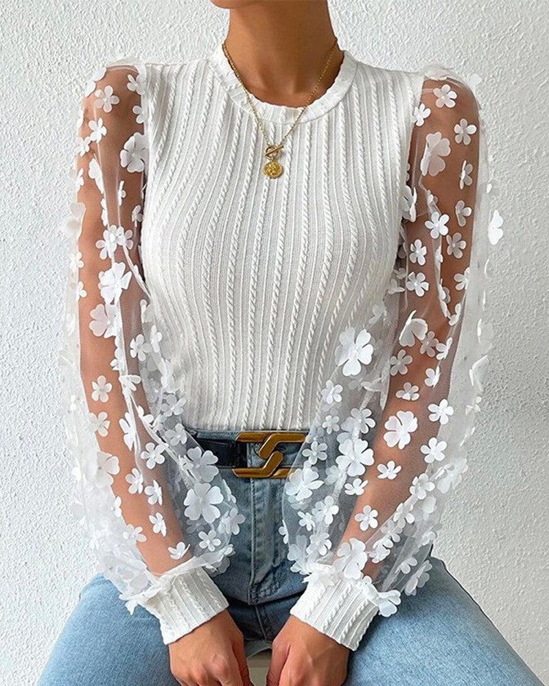 Floral Pattern Sheer Mesh Cable Textured Top