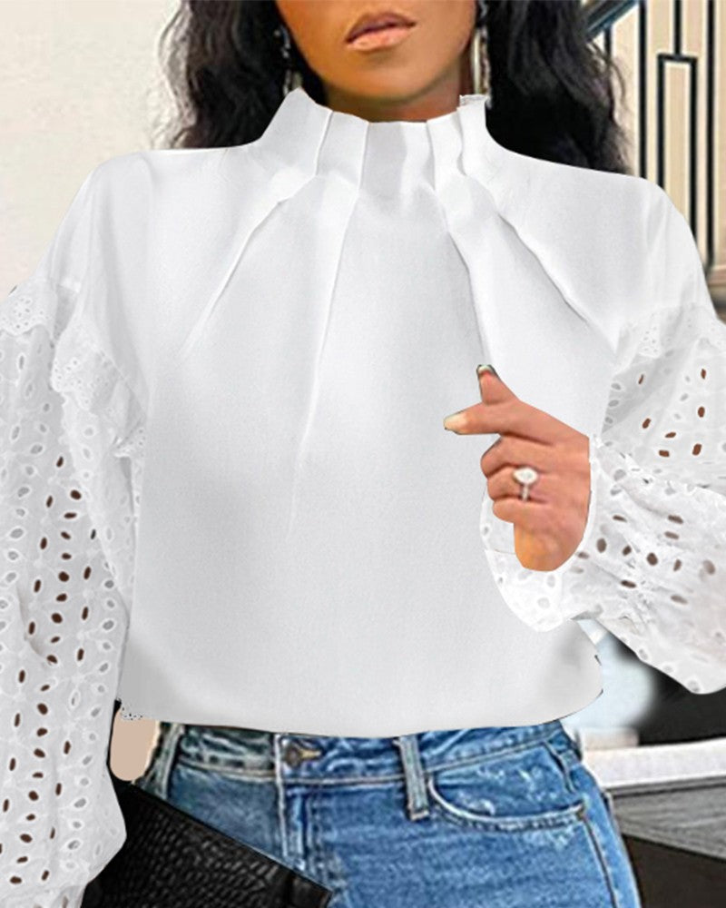 Eyelet Embroidery Ruched Lantern Sleeve Top