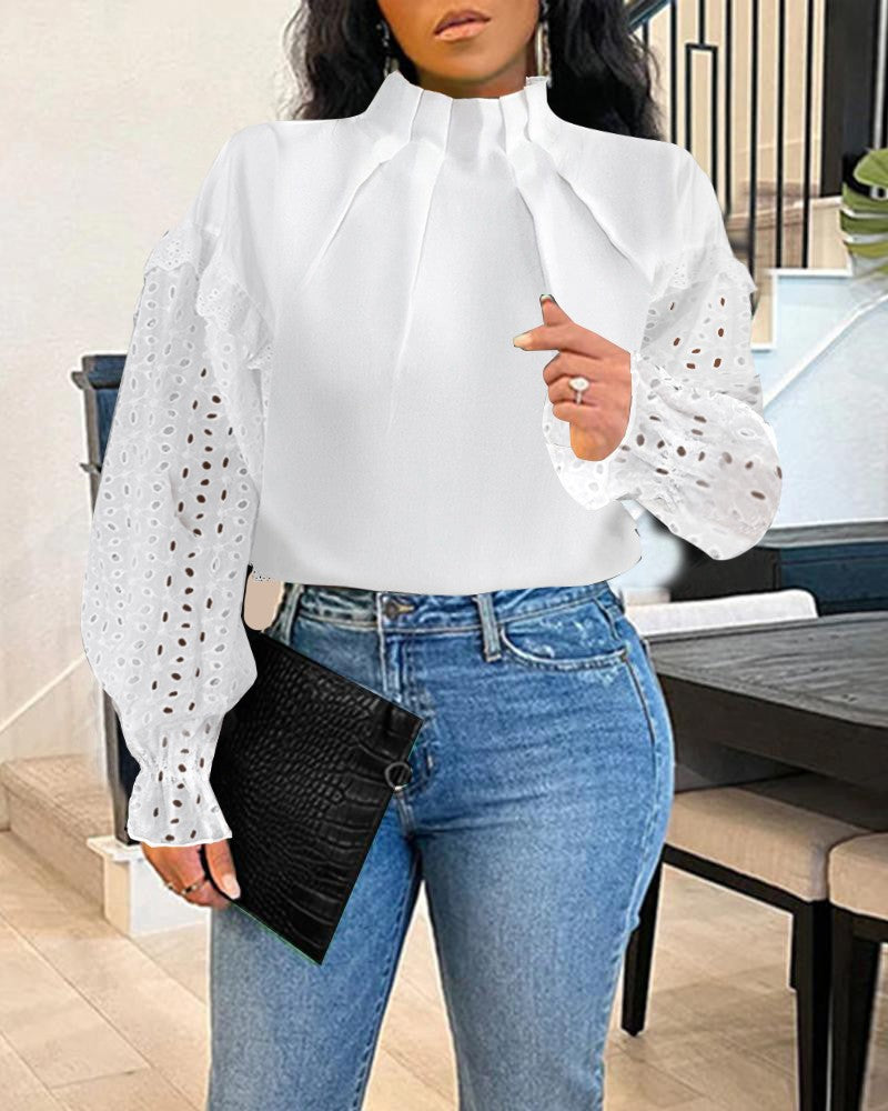 Eyelet Embroidery Ruched Lantern Sleeve Top