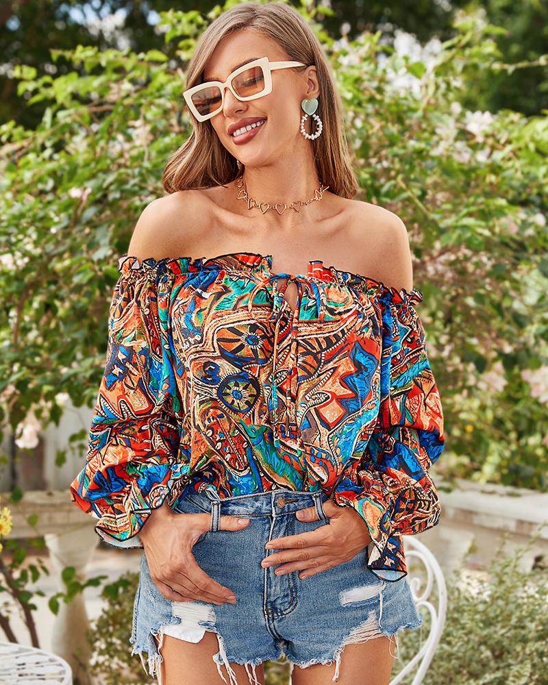 Tribal Print Off Shoulder Lantern Sleeve Top