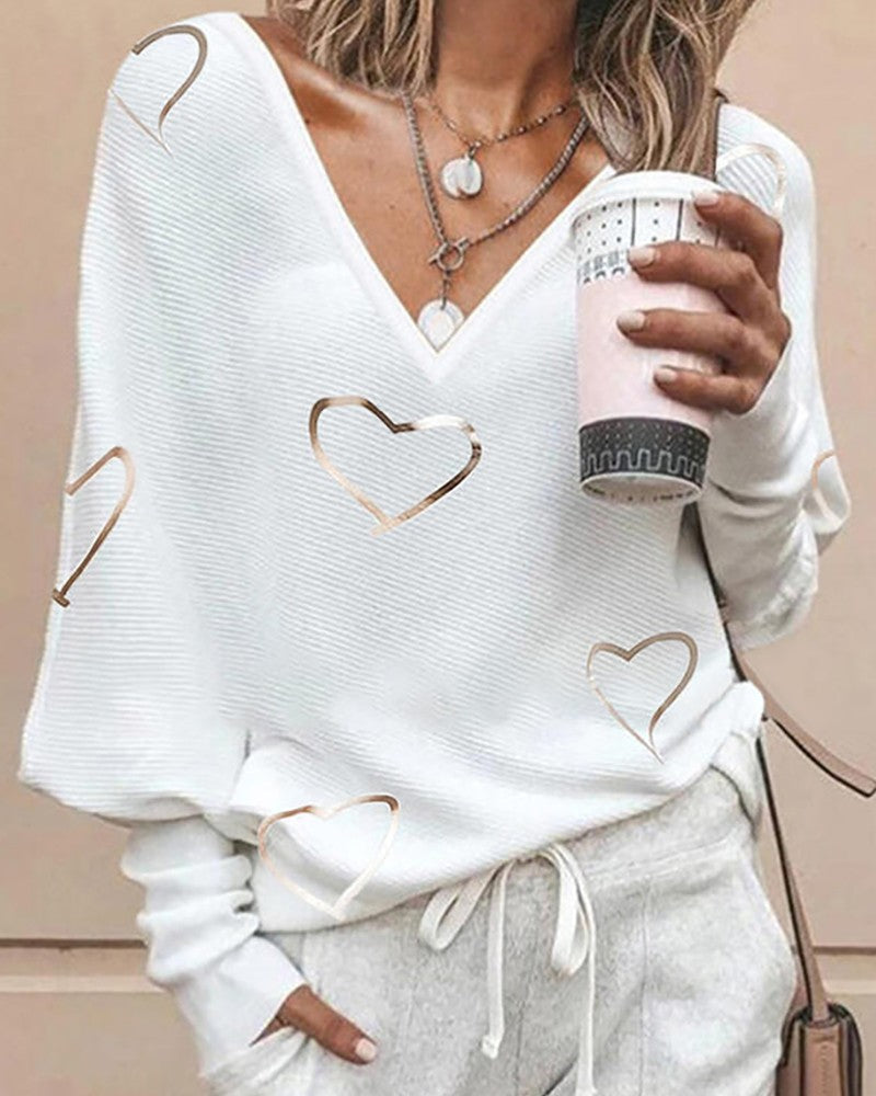 Heart Print Long Sleeve Casual Top