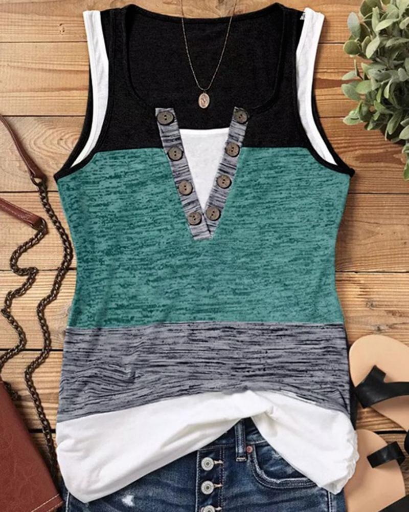 Colorblock Fake Two Piece Button Front Tank Top