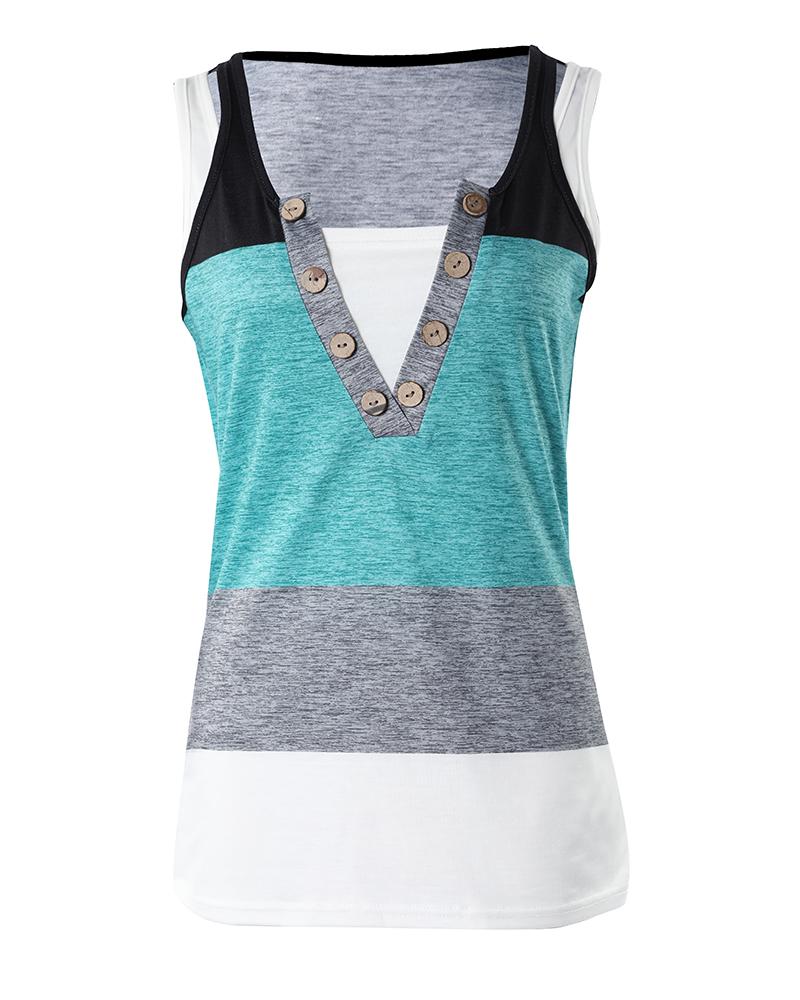 Colorblock Fake Two Piece Button Front Tank Top