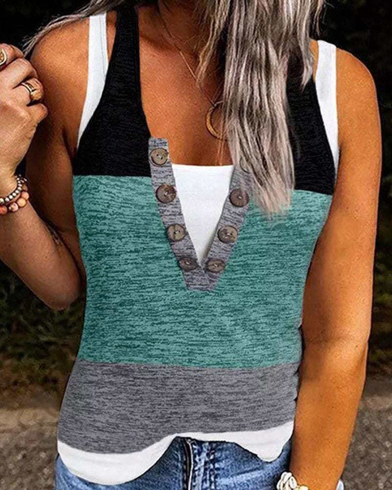 Colorblock Fake Two Piece Button Front Tank Top