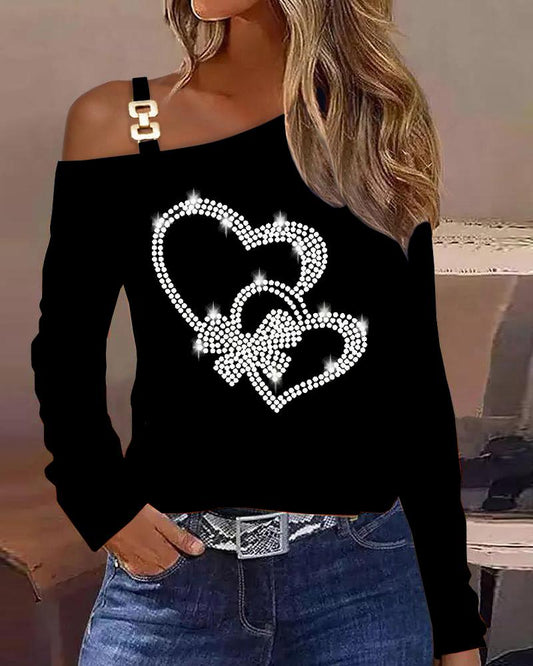 Studded Heart Pattern Cold Shoulder Top