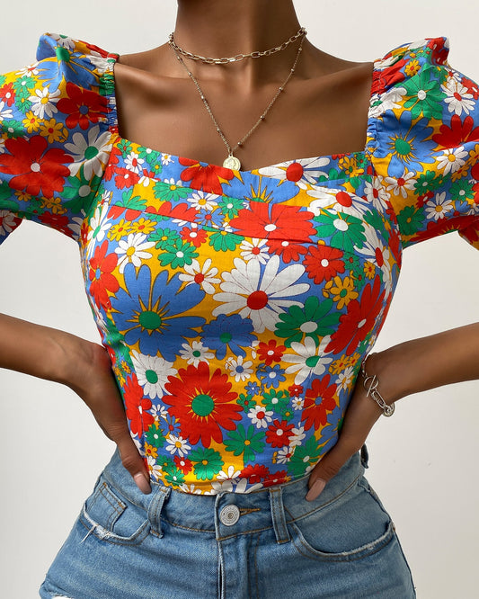 Floral Print Puff Sleeve Shirring Detail Top