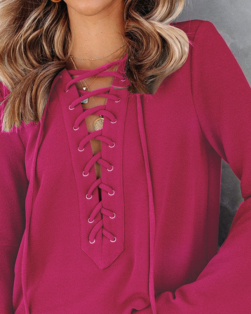 Eyelet Lace Up Bell Sleeve Casual Top