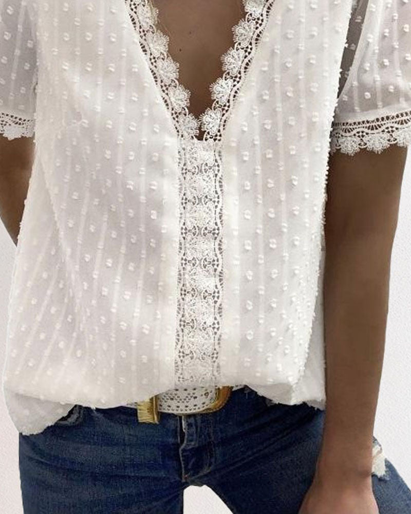 Contrast Lace Swiss Dot Puff Sleeve Chiffon Top