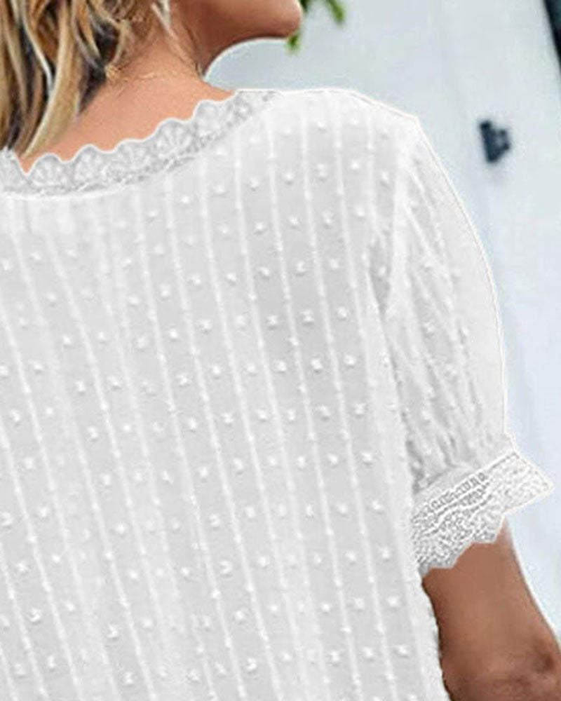 Contrast Lace Swiss Dot Puff Sleeve Chiffon Top