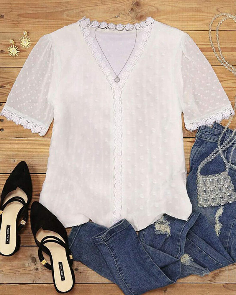 Contrast Lace Swiss Dot Puff Sleeve Chiffon Top